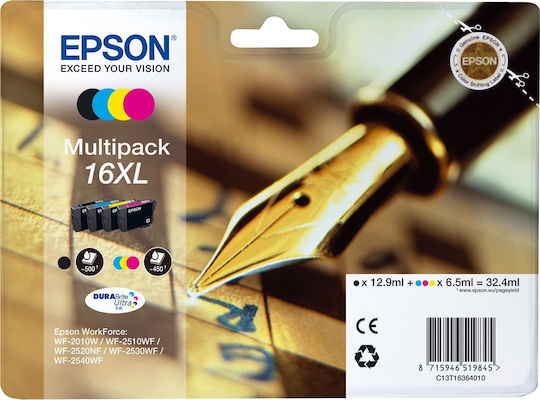 Epson 16XL Γνήσιο Πακέτο 4 Μελανιών Εκτυπωτή InkJet Κίτρινο / Κυανό / Ματζέντα / Μαύρο (C13T16364010 C13T16364012) - Image 1
