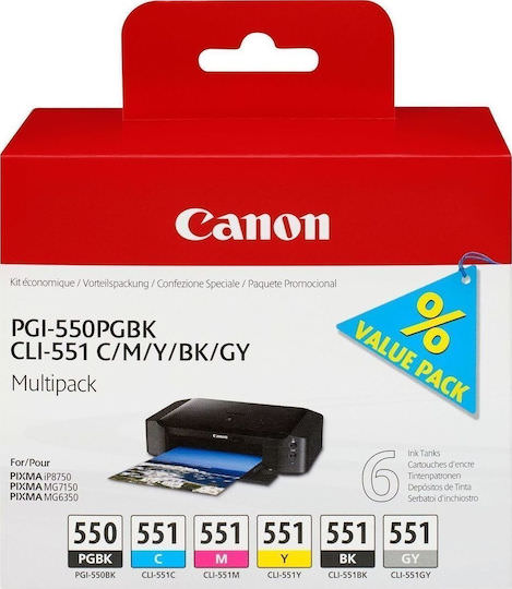 Canon PGI-550/CLI-551 Γνήσιο Πακέτο 6 Μελανιών Εκτυπωτή InkJet Γκρι / Κίτρινο / Κυανό / Ματζέντα / Μαύρο (6496B005) - Image 1