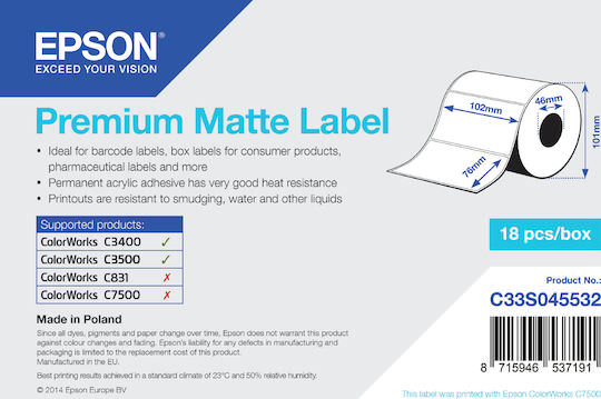 Epson Premium Matte 440 Αυτοκόλλητες Ετικέτες σε Ρολό για Εκτυπωτή Ετικετών 102x76mm - Image 1