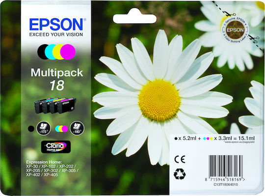 Epson 18 Γνήσιο Πακέτο 4 Μελανιών Εκτυπωτή InkJet Κίτρινο / Κυανό / Ματζέντα / Μαύρο (C13T18064010 C13T18064012) - Image 1