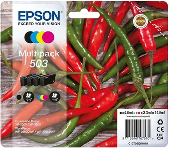 Epson 503 Γνήσιο Πακέτο 4 Μελανιών Εκτυπωτή InkJet Κίτρινο / Κυανό / Ματζέντα / Μαύρο (C13T09Q64010) - Image 1