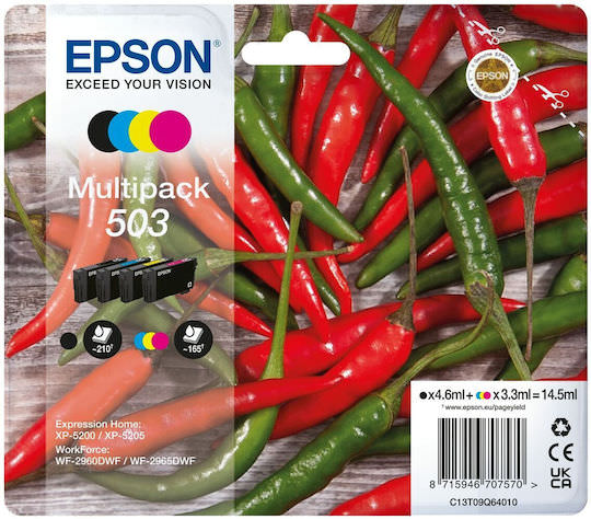 Epson 503 Γνήσιο Πακέτο 4 Μελανιών Εκτυπωτή InkJet Κίτρινο / Κυανό / Ματζέντα / Μαύρο (C13T09Q64020) - Image 1