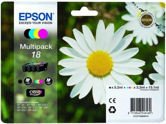 Epson 18 Γνήσιο Πακέτο 4 Μελανιών Εκτυπωτή InkJet Κίτρινο / Κυανό / Ματζέντα / Μαύρο (C13T18064022) - Image 1