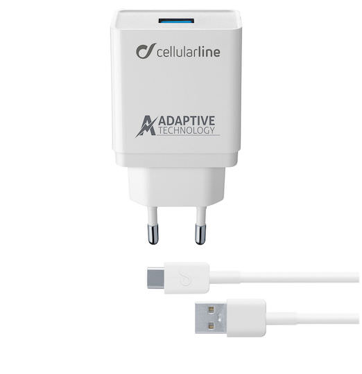 Cellular Line Φορτιστής με Θύρα USB-A και Καλώδιο USB-C 15W Λευκός (ACHSMKIT15WTYCW) - Image 1