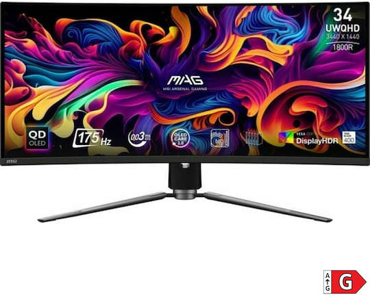MSI Mag 341CQP QD-OLED Ultrawide QD-OLED HDR Curved Gaming Monitor 34" QHD 3440x1440 175Hz με Χρόνο Απόκρισης 0.03ms GTG - Image 1