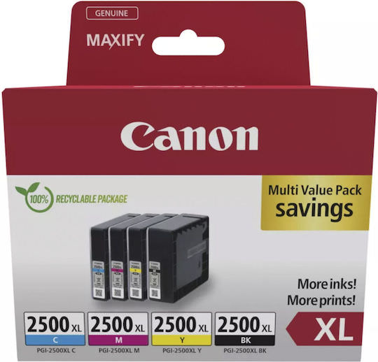 Canon PGI-2500XL Γνήσιο Πακέτο 4 Μελανιών Εκτυπωτή InkJet Κίτρινο / Κυανό / Ματζέντα / Μαύρο (9254B010) - Image 1