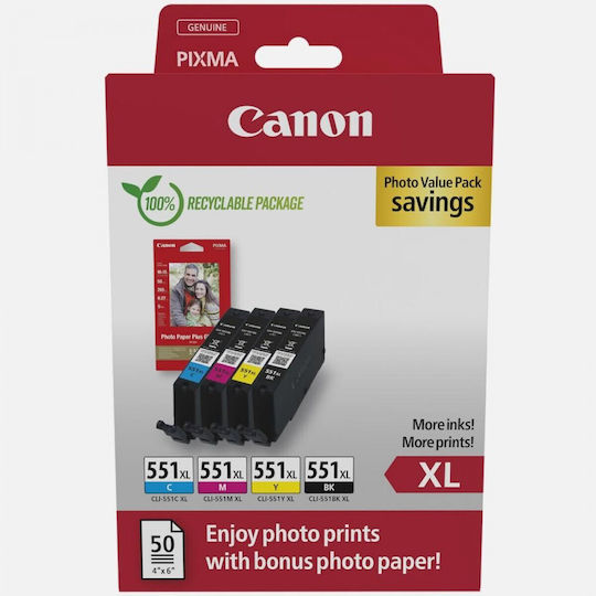 Canon CLI-551XL Γνήσιο Photo Value Pack με 4 Μελάνια Εκτυπωτή InkJet Κίτρινο / Κυανό / Ματζέντα / Μαύρο (6443B008) - Image 1
