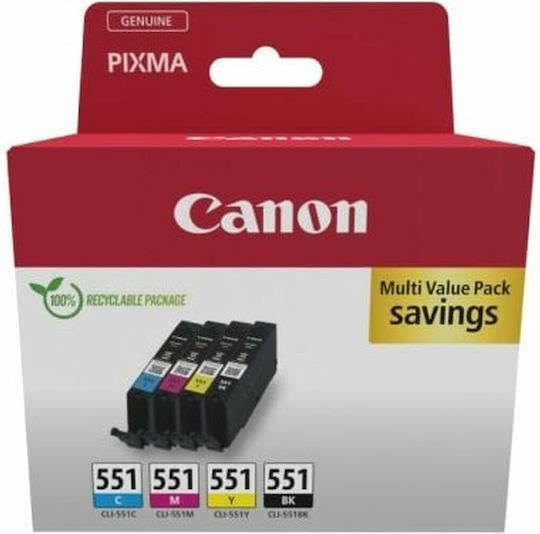 Canon CLI-551 Γνήσιο Πακέτο 4 Μελανιών Εκτυπωτή InkJet Κίτρινο / Κυανό / Ματζέντα / Μαύρο (6509B016) - Image 1