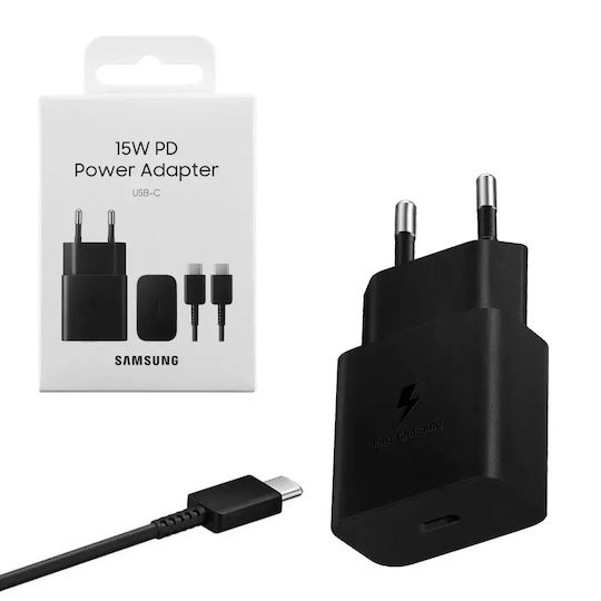 Samsung Φορτιστής με Θύρα USB-C και Καλώδιο USB-C - USB-C 15W Power Delivery Μαύρος (EP-T1510X) - Image 1