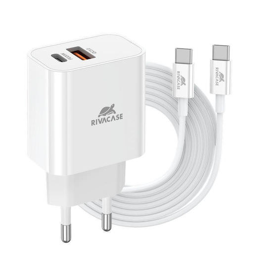 Rivacase Φορτιστής με Θύρα USB-A και Θύρα USB-C και Καλώδιο USB-C - USB-C 20W Power Delivery / Quick Charge 3.0 Λευκός (PS4102) - Image 1