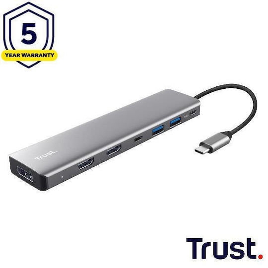 Trust 7 IN 1 USB-A / USB-C Docking Station με HDMI 4K PD Ethernet και σύνδεση 2 Οθονών Ασημί - Image 1