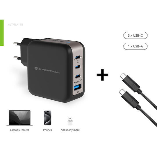 Conceptronic Φορτιστής GaN με Θύρα USB-A και 3 Θύρες USB-C και Καλώδιο USB-C - USB-C 100W Power Delivery / Quick Charge 3.0 Μαύρος (ALTHEA18B) - Image 1