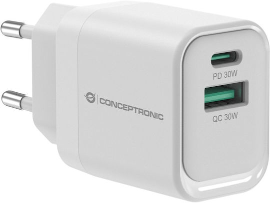 Conceptronic Φορτιστής Χωρίς Καλώδιο GaN με Θύρα USB-A και Θύρα USB-C 33W Power Delivery / Quick Charge 3.0 Λευκός (ALTHEA19W33) - Image 1