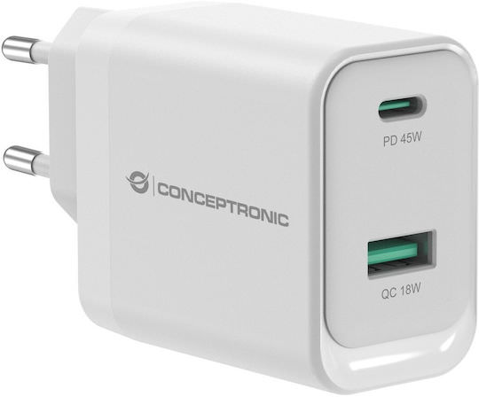 Conceptronic Φορτιστής Χωρίς Καλώδιο GaN με Θύρα USB-A και Θύρα USB-C 45W Power Delivery / Quick Charge 3.0 Λευκός (ALTHEA20W45) - Image 1