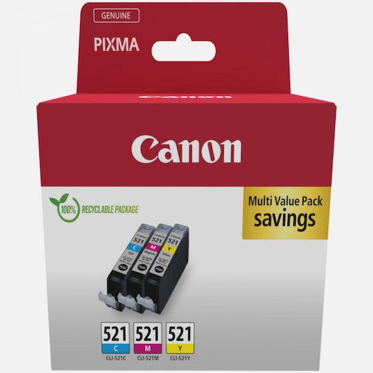 Canon CLI-521 Γνήσιο Πακέτο 3 Μελανιών Εκτυπωτή InkJet Κίτρινο / Κυανό / Ματζέντα (2934B015) - Image 1