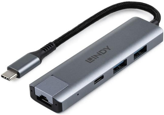 Lindy USB 3.2 Hub 3 Θυρών με σύνδεση USB-A / Ethernet Γκρι - Image 1