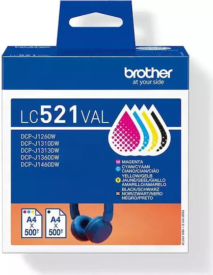 Brother LC521VAL Γνήσιο Πακέτο 4 Μελανιών Εκτυπωτή InkJet Κίτρινο / Κυανό / Ματζέντα / Μαύρο (LC-521VAL) - Image 1