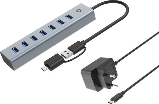 Conceptronic USB 3.0 Hub 7 Θυρών με σύνδεση USB-A / USB-C & Θύρα Φόρτισης και Εξωτερική Παροχή Ρεύματος Ασημί - Image 1