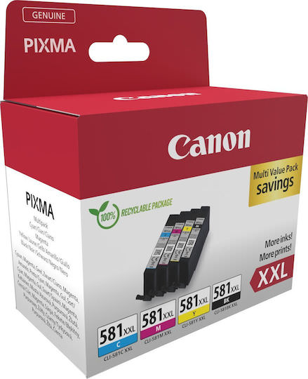 Canon CLI-581XXL Γνήσιο Πακέτο 4 Μελανιών Εκτυπωτή InkJet Κίτρινο / Κυανό / Ματζέντα / Μαύρο (1998C006) - Image 1