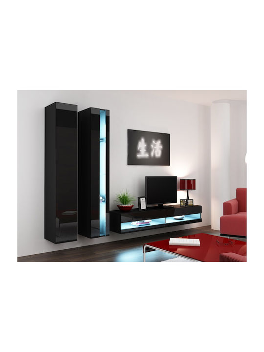 Vigo Wall Living Room Display Cabinet made of Particleboard with Glass & Lighting Black / Black Gloss 40x30x180cm - Image 1