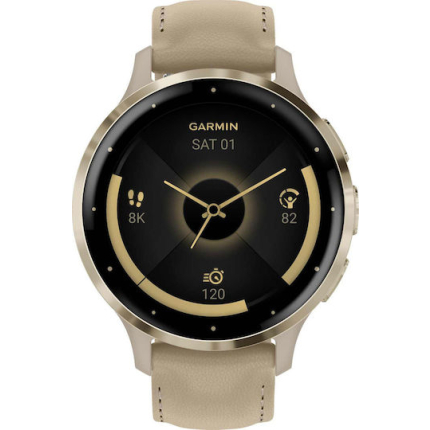 Garmin Venu 3S Stainless Steel 41mm Waterproof Smartwatch with Heart Rate Monitor (Soft Gold Stainless Steel Bezel with French Gray Case and Leather Band)